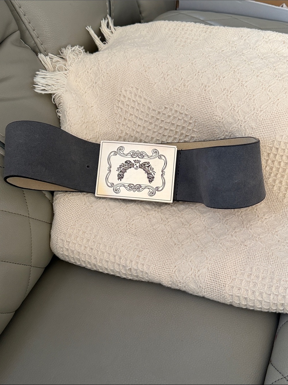 ANTONIO MELANI Navy Suede Wide Belt with Decorative Silver Buckle